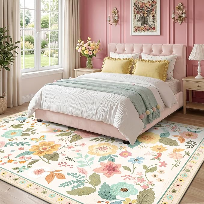 RELEANY Floral Washable 9x12 Area Rugs Beige/White/Orange | Flower Carpet Print - Image 2