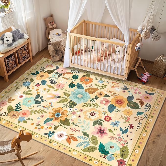 RELEANY Floral Washable 8x10 Area Rugs Ivory/Yellow | Flower Carpet Print Boho - Image 9