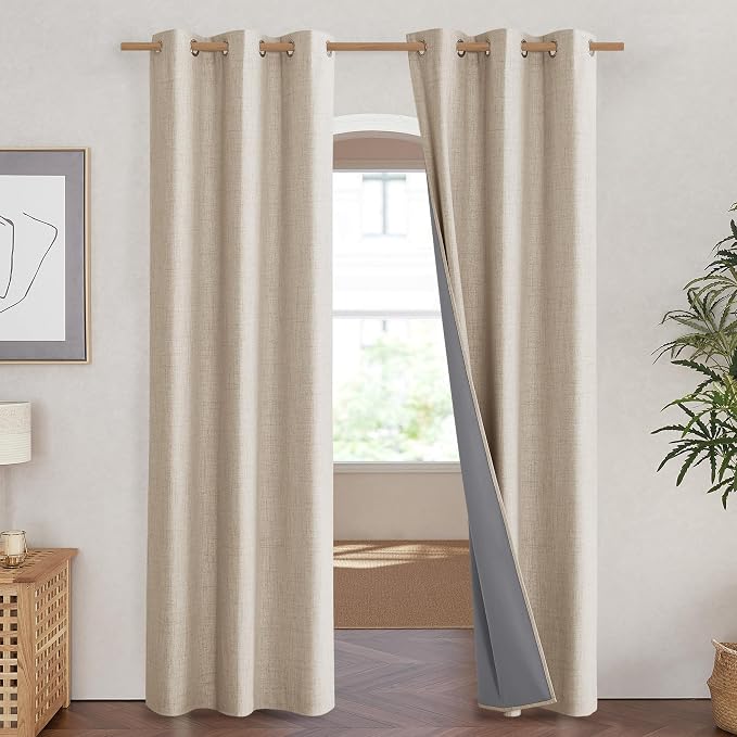 NICETOWN Cream 100% Blackout Linen Curtains 90 inch Long Burg - Image 2