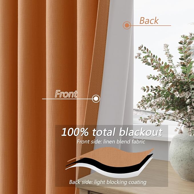 Orange 100% Blackout Linen Curtains 102 Inch Length 2 Panels Set - Image 4