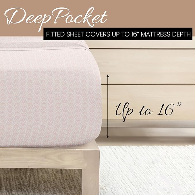 Linen Market 4 Piece King Sheet Set - Breathable, Double-Brushed Patterned Cooling Sheets – Oeko-TEX Certified Ultra Soft & Wrinkle-Free 16" Deep-Pocket King Sheets - Easy Care Classic in Pink