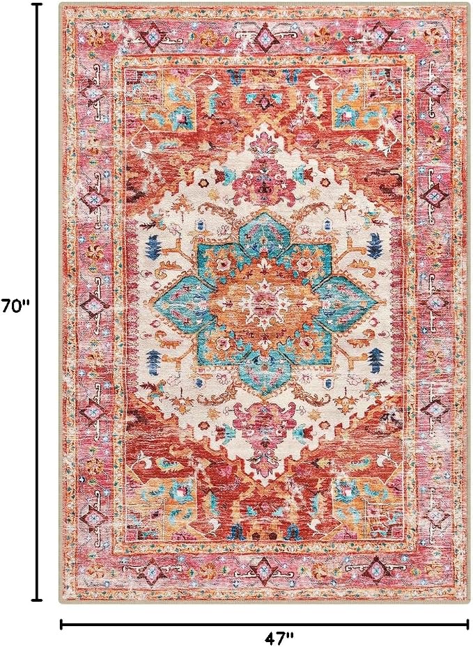 Yamaziot Washable Area Rug, 4x6 Non-Slip Boho Living Room Bedroom Rug | Stain - Image 2