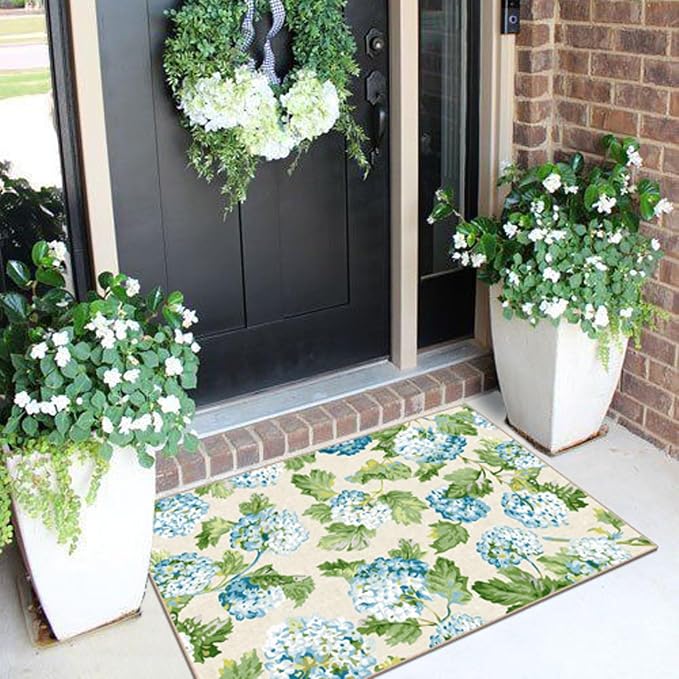 Front Door Mat Indoor Outside Entrance 2x3 Blue Hydrangea Entry Rug | Non-Slip - Image 4