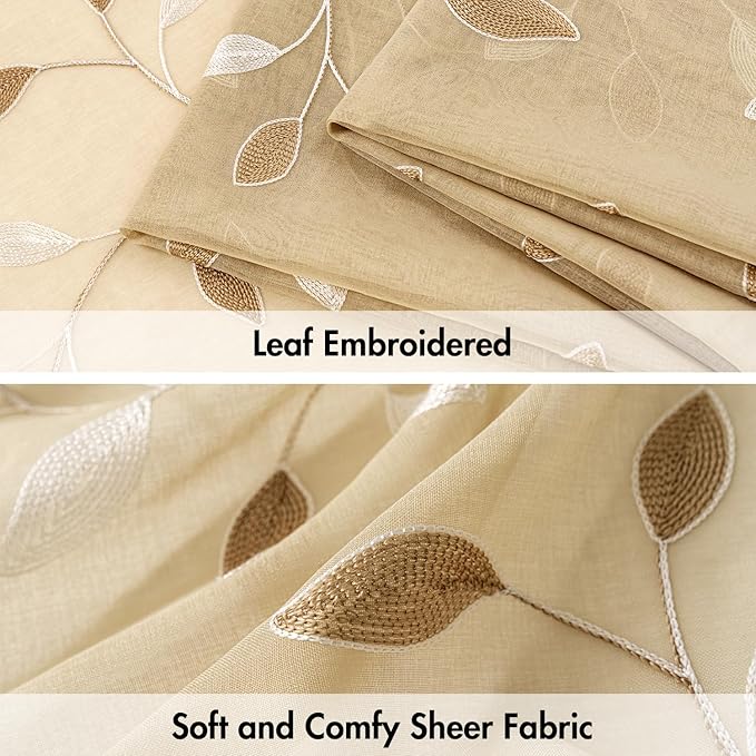 MIULEE Beige Sheer Curtains 2 Panels Embroidered Leaf Patterned, W52 x L63 | - Image 4