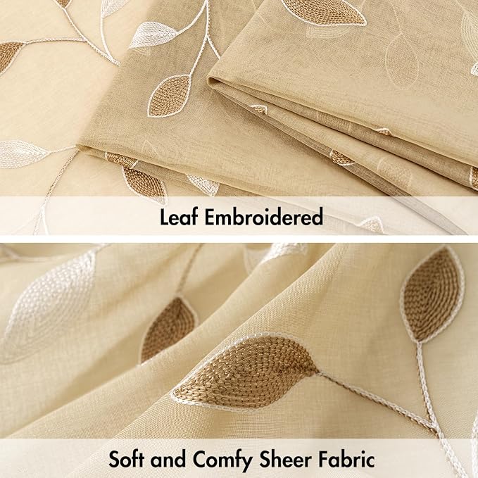 MIULEE Beige Sheer Curtains 2 Panels Embroidered Leaf Patterned, W52 x L54 | - Image 4