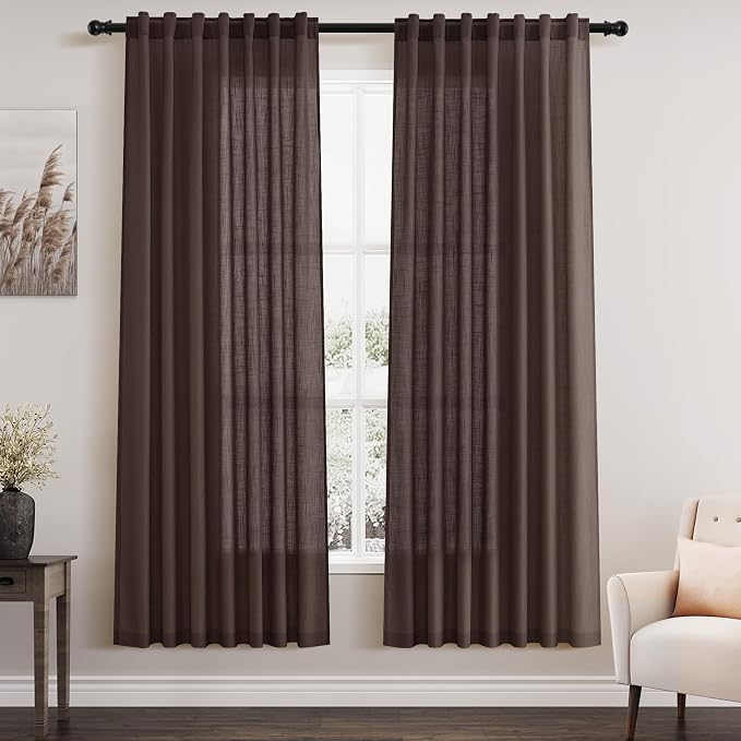 Coffee Linen Curtains for Living Room Back Tab Light Filtering Privacy Semi by Nanspring
