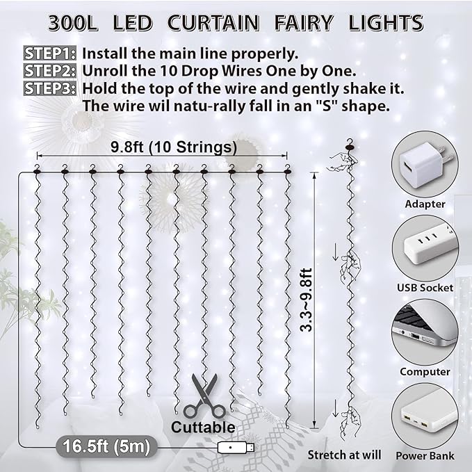HXWEIYE 300LED Fairy Curtain Lights, 9.8x9.8Ft USB Plug-in 8 Modes Christmas String Hanging Lights with Remote for Bedroom Backdrop Wedding Party Indoor Wall Decor, White, Standard
