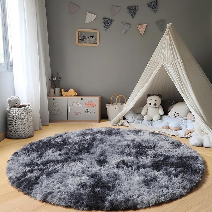 Tie-Dyed Dark Grey Round Area Rug 4ft, Ultra Soft Bedroom Circle Rugs - Image 6