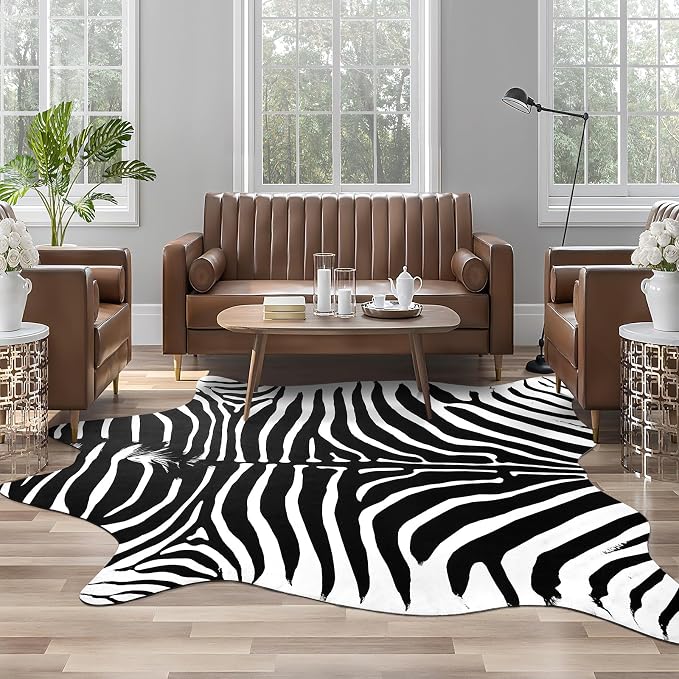Faux Zebra Rug, Zebra Print Rug Animal Hide Rugs, 4.6 x 5.2 Ft Black | Premium - Image 4
