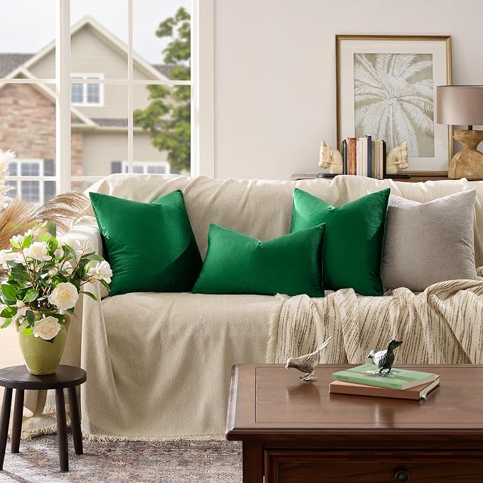 GIGIZAZA Green Velvet Pillow Covers 22x22 Decorative Pillows Pack of 2 | Throw - Image 3