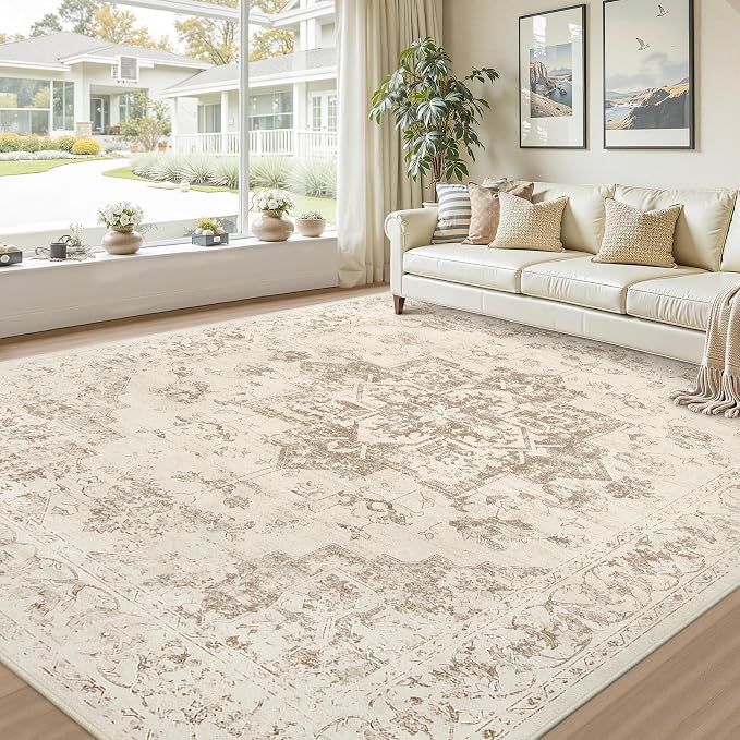 Area Rugs 9x12 Living Room: Bedroom Washable Carpet Beige/Ivory | Vintage Boho - Image 9