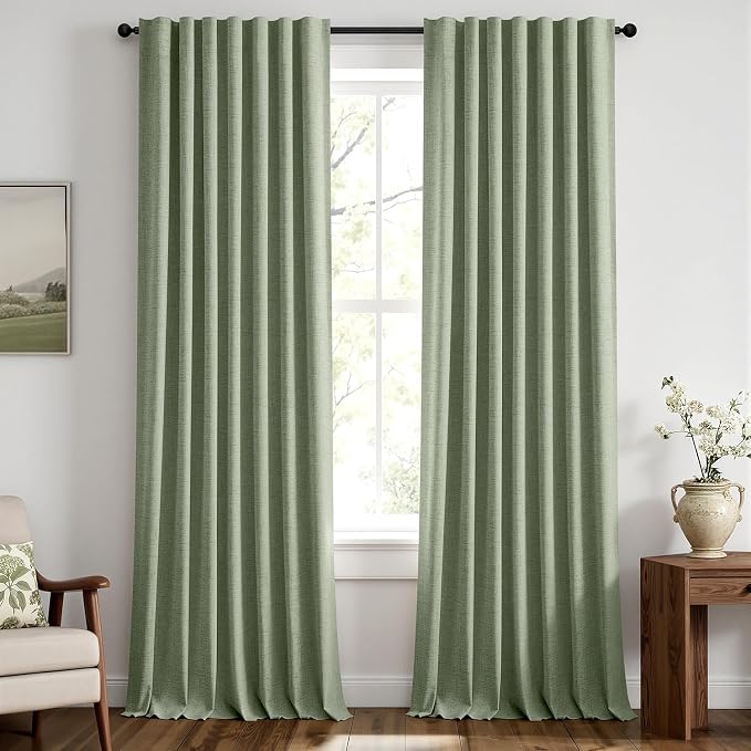 MIULEE 100% Blackout Linen Curtains 42 x 108 Inch Sage Green 2 Panel | Thermal by MIULEE