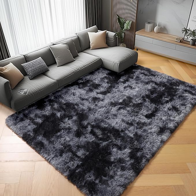 Area Rugs for Bedroom Living Room, Fluffy Tie-Dyed Dark Grey 4x6 Indoor Bedside - Image 5