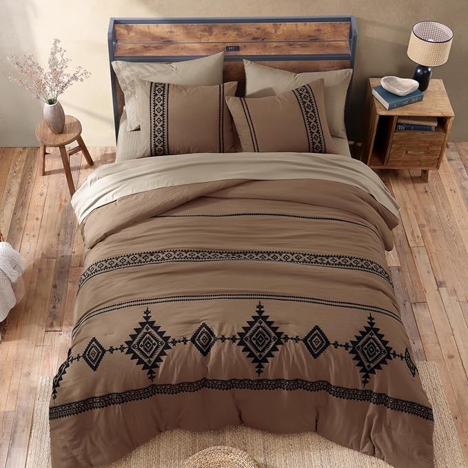 MaiRêve Embroidery Full Size Comforter Set Brown, Farmhouse Western Boho Bedding Set 7 Pieces, All Season Bed in A Bag Comforter Set with Sheets, Pillowcases & Shams