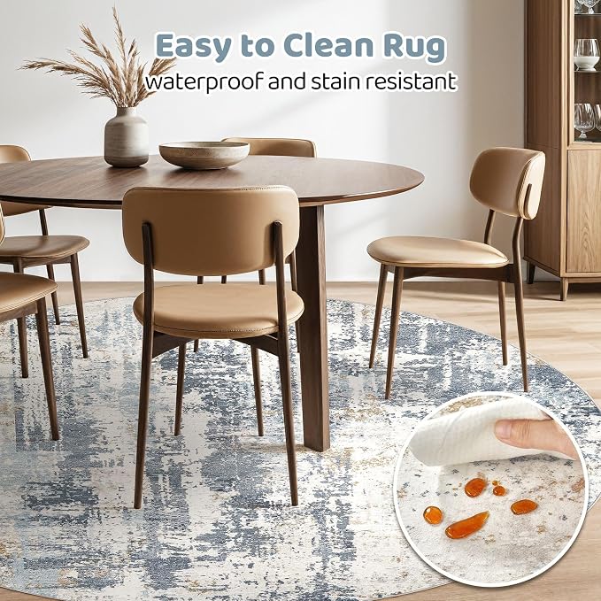 LOONGRUG Round Rug 7x7 Washable Large Neutral Modern Area Rugs Blue | Abstract - Image 5