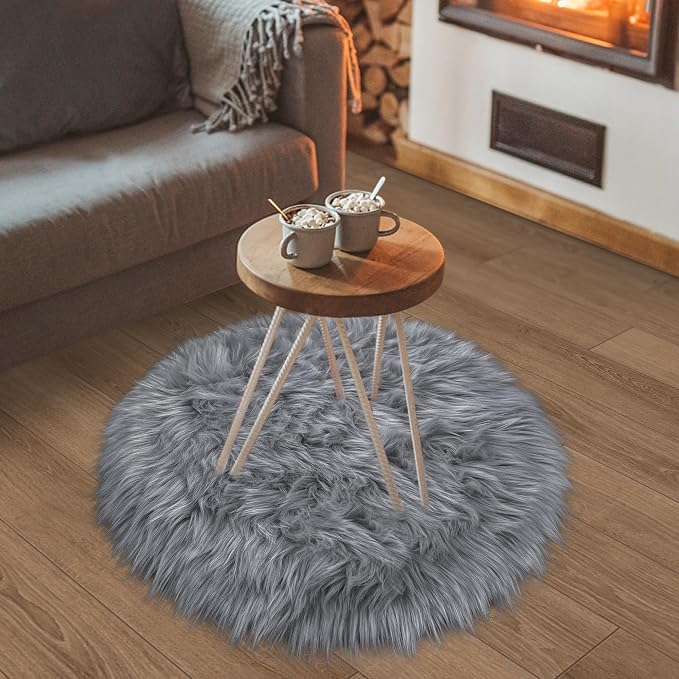 Grey Round Rugs for Bedroom, Fluffy Circle Rug 2 2 Feet for Kids Room, Furry by TENNOLA