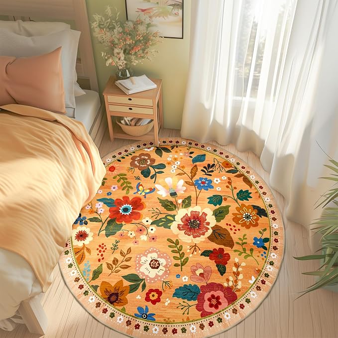 RELEANY Floral Washable Round 6ft Area Rug Yellow/Orange/Red | Flower Carpet - Image 2