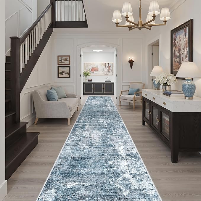 Soalmost Hallway Runner Rug 2'6" x 16' Kitchen Rugs Abstract Blue/Grey | - Image 2