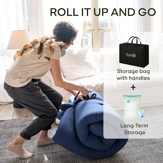 ZonLi Japanese Floor Futon Mattress King Size 80"x 76", 100% Cotton Cover 2.5'' Thicken Tatami Mattress, Foldable Sleeping Pad, Portable Dormitory Tatami Mat, Roll Up Floor Lounger Bed for Adult