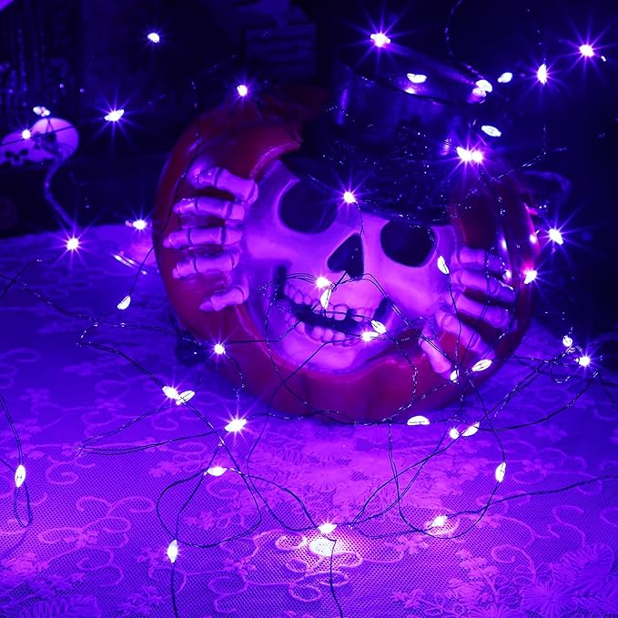 WATERGLIDE 12 Pack Halloween Fairy Lights Battery Operated (Included), 7 ft 20 LED Mini Firefly Starry String Lights, Waterproof Black Wire Light for DIY Mason Jar Table Halloween Decor, Purple