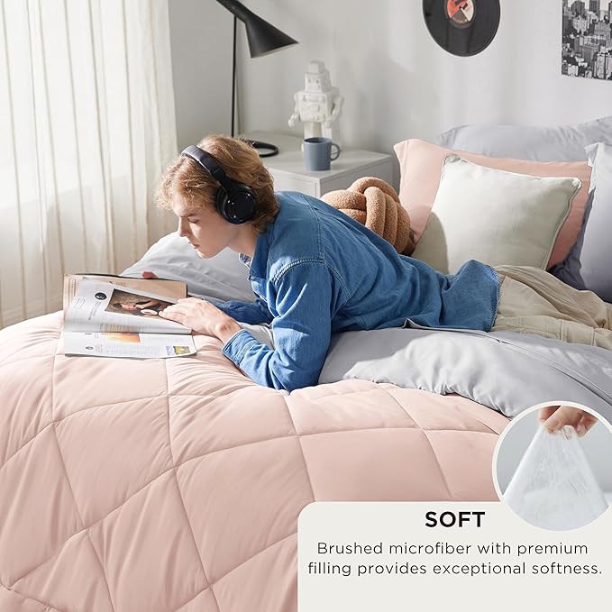 Bedsure Queen Comforter Set - 7 Pieces Reversible Blush Pink Bedding, Queen Size Bed Set for All Seasons, Bed in a Bag with Down Alternative Comforter, Sheets, Pillowcases & Shams