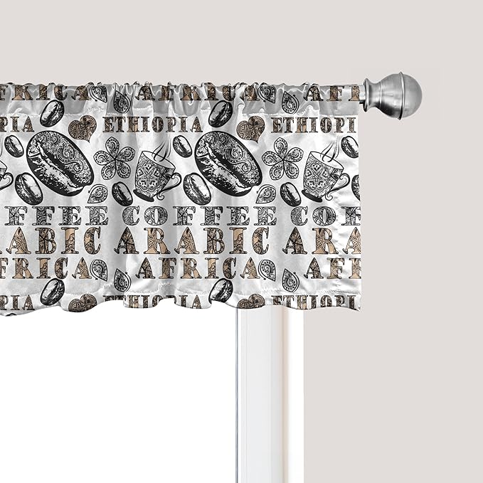 Ambesonne Modern Window Valance Pack of 2, Coffee Beans with Ornamental Words Ethiopians Pattern, Rod Pocket Curtain Valances for Kitchen Bedroom, 54" X 18", Sand Brown Black