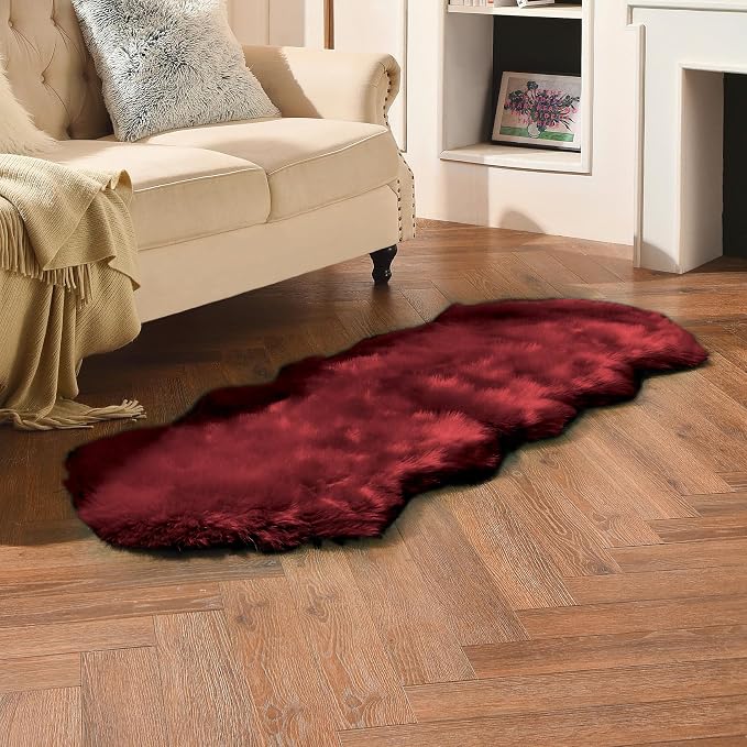 duduta Burgundy Faux Sheepskin Runner Rugs 2x6 ft, Fluffy Fur Couch Covers | - Image 6