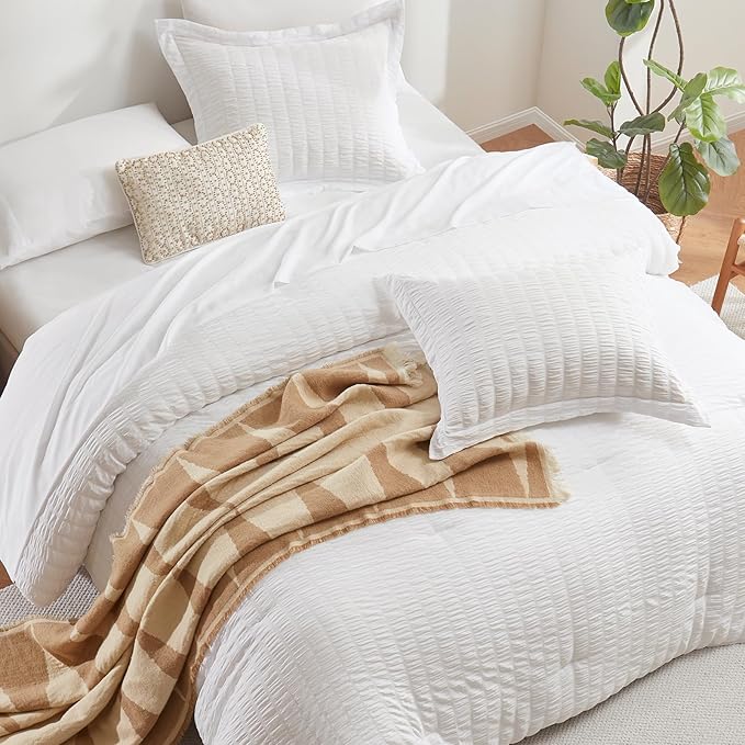 CozyLux Twin XL Seersucker Comforter Set with Sheets White 5 Pieces Bed in a Bag Twin Extra Long Luxury Soft Bedding Sets for College Dorm with Down Alternative Comforter, Sheets, Pillowcase & Sham