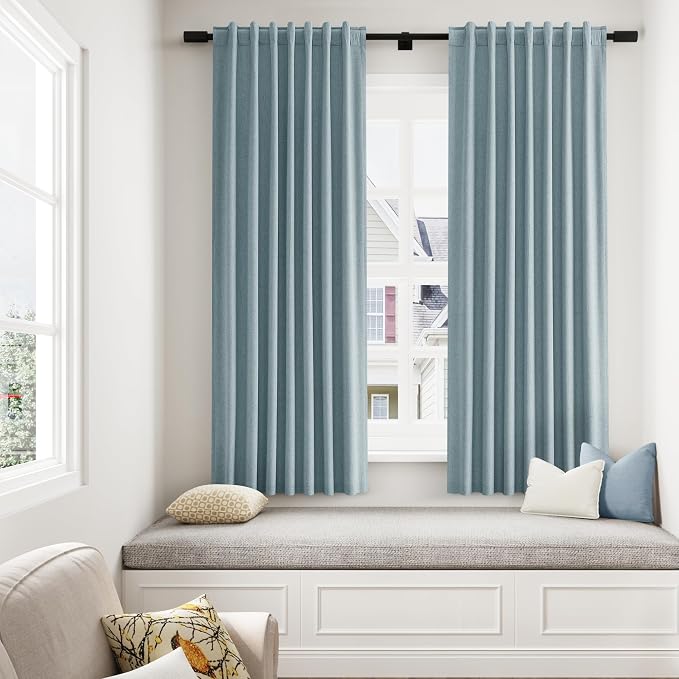Blue 100% Blackout Linen Curtains 63 Inch Length 2 Panels Set - Image 8