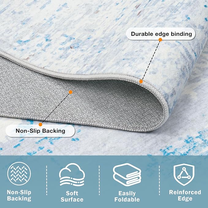 9x12 Washable Area Rug for Living Room Bedroom: Non-Slip Modern Light Blue | - Image 5