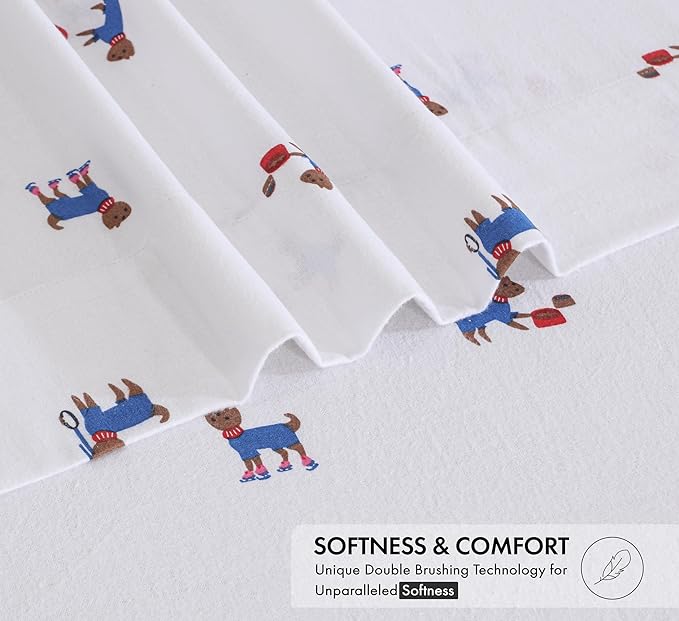 RUVANTI Flannel Sheets Twin Size - 100% Cotton Double Brushed Twin Sheets Set, Deep Pockets 16 Inches, All Seasons Breathable & Extra Soft Bed Sheets, Warm & Cozy, 3 Piece, Puppy Playoff