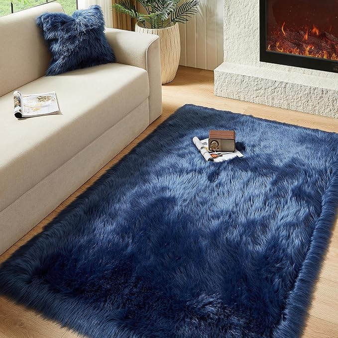 AMTOVO Faux Fur Sheepskin Rug for Living Room, 4 x 6 ft Dark Blue Fluffy Area by AMTOVO