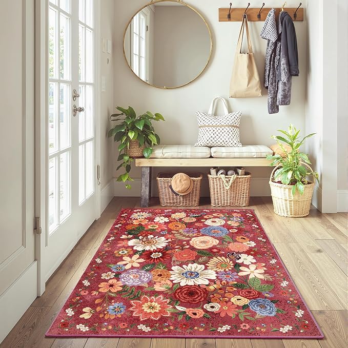 Red Floral Area Rug 3x5 for Bedroom Entryway Dorm | Ultra-Thin; Non Slip; - Image 2