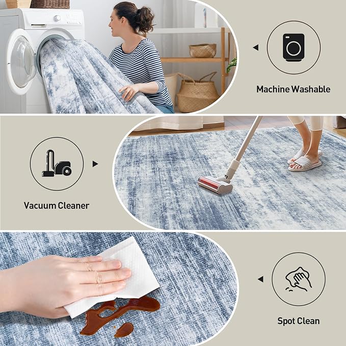 2'6''x8' Runner Rugs Washable Rug:Modern Abstract Hallway Blue White Carpet | - Image 3