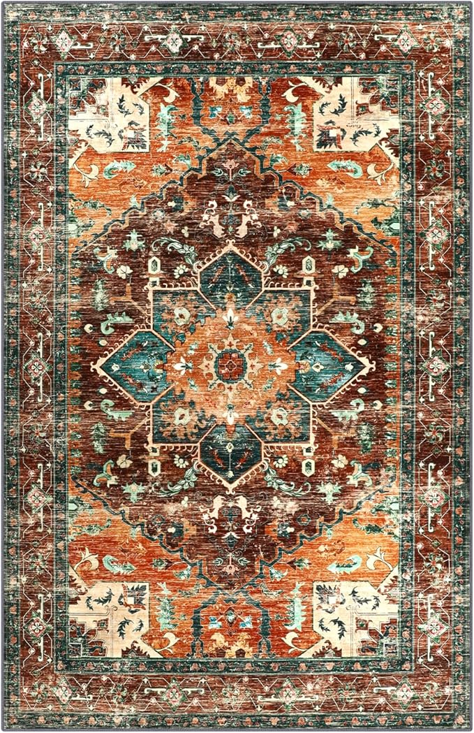 Yamaziot Area Rug 5x7, Non-Slip Washable Boho Vintage Living Room Rug | Stain - Image 3