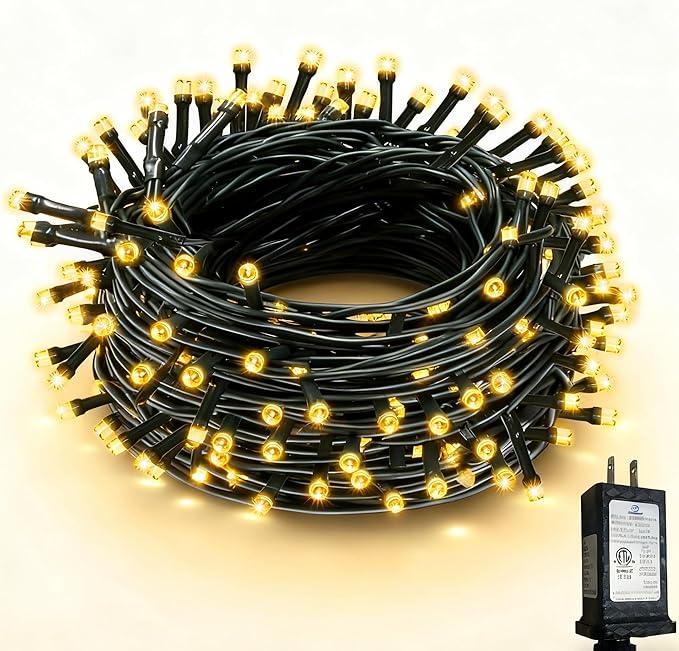 RPGT Christmas Light 500 LEDs 172ft Green Cable Wire Fairy String Outdoor Twinkle Lights Plug in 12 Modes for Xmas Party, Garden, Wedding, Home Decoration (Warm White)