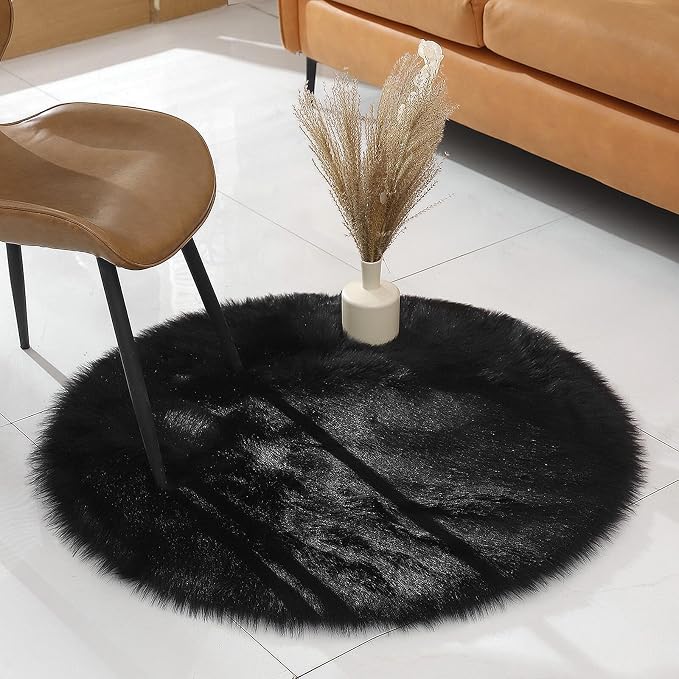 linmopm Faux Fur Sheepskin Rug, 3x3 ft, Round | Shag Fluffy Fuzzy, High-Density - Image 3