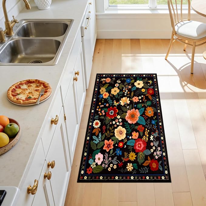 Floral Washable 2x4 Area Rugs Runner Entryway Hallway Black | Flower Carpet - Image 7