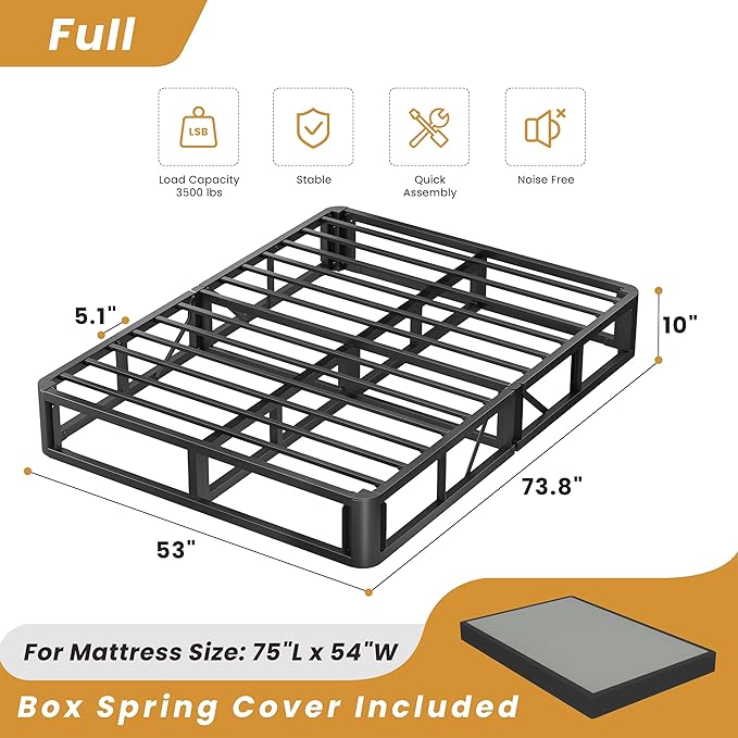 MAF 10 Inch Full Size Box Spring, High Profile Box Spring Full Size Bed Base, 3500 lbs Black Heavy Duty Metal Mattress Foundation with Easy Clean Fabric Cover, Easy Assembly