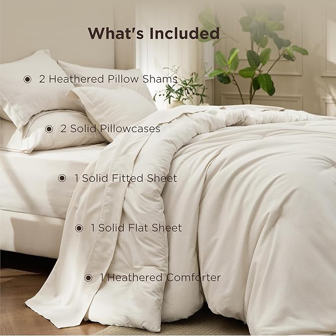 Bedsure Queen Comforter Set Beige - Bed in a Bag Queen Size Bedding 7 Pieces, Cationic Dyed Bed Set Gift for Family, Beige Soft Bedding for All Seasons Comforter with Sheets, Pillowcases & Shams