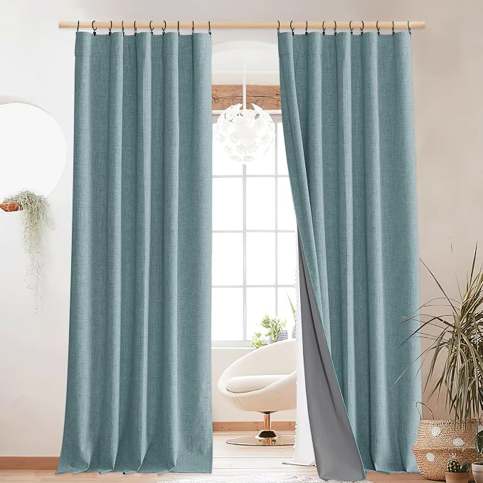 NICETOWN Skylark Blue Blackout Linen Curtains 95" Long, Rod Pocket Back Tab - Image 9