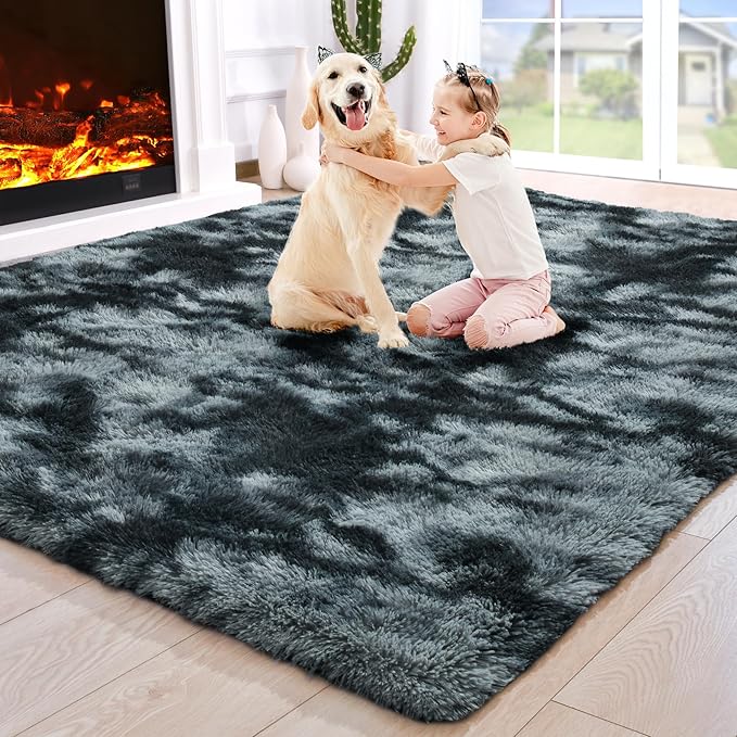 2x3 Tie-Dyed Black and Grey Fluffy Area Rug Non-Slip by ModernHomeDecor