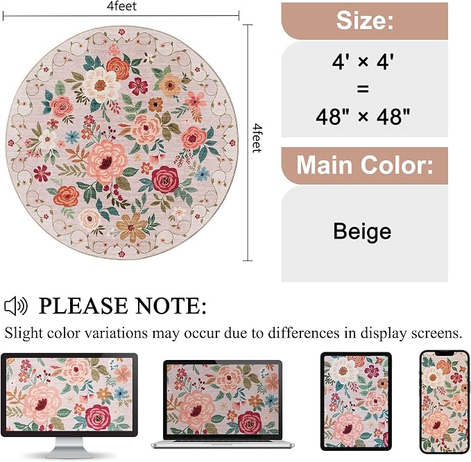 DUKINO 4ft Round Rug, Floral Washable Small Round Area Rug Non Slip, Low Pile - Image 2
