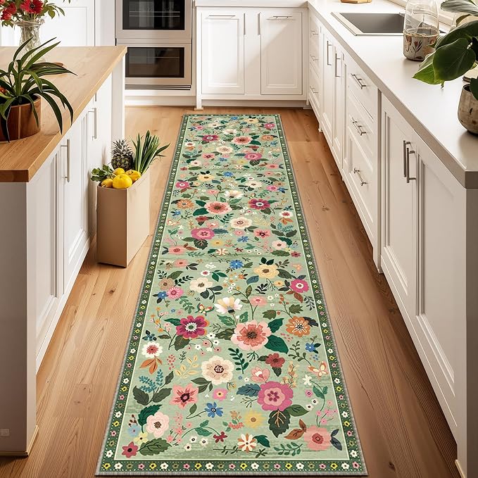 Floral Washable 2x6 Area Rugs Runner Entryway Hallway LightGreen | Flower - Image 6
