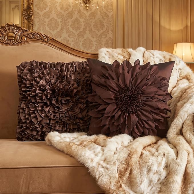 Brown Accent 3D Flower Decorative Throw Pillow Covers - Image 7