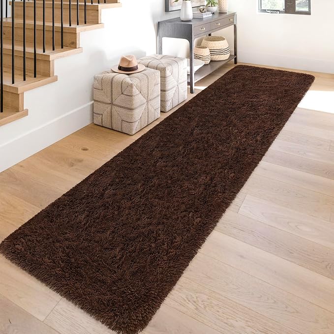 2x10 Bedside Area Rugs for Bedroom Soft Fluffy Shag Brown Rug for Hallway by JiaoBaba