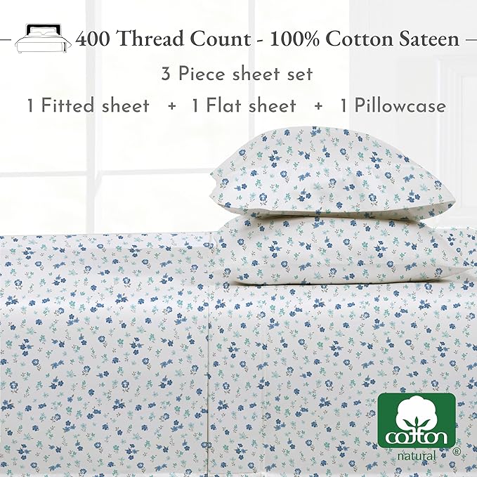 California Design Den Printed Twin XL Sheet Sets - 400 Thread Count Sateen, Natural 100% Cotton Sheets, Deep Pockets, Cooling and Durable Bedding Set - Blooming Meadows