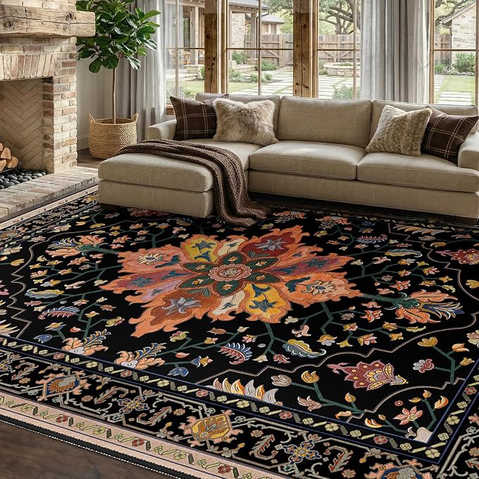 RELEANY Washable Area Rug, Water Repellent, Pet Friendly, Vintage Floral Boho by RELEANY