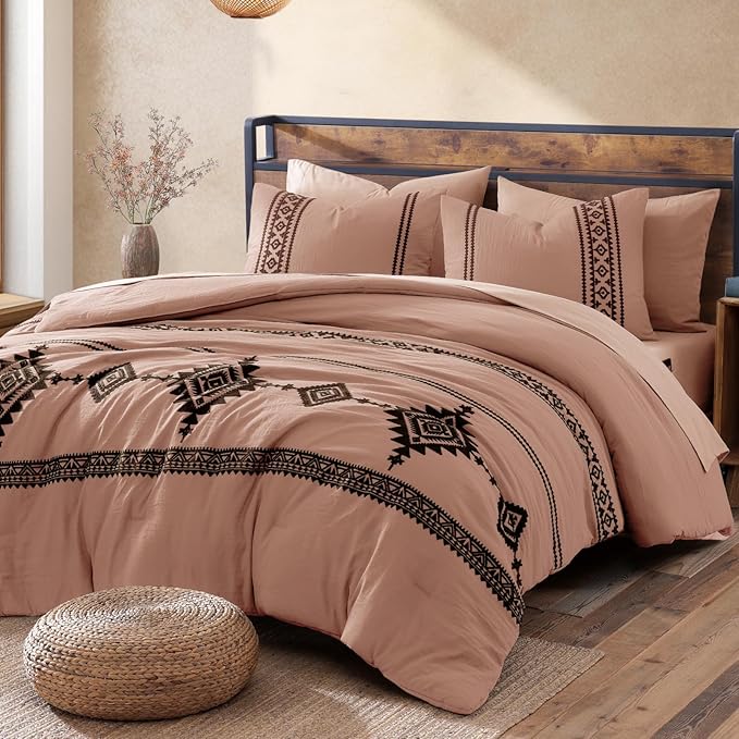 MaiRêve Embroidery Full Size Comforter Set Dusty Pink, Farmhouse Western Boho Bedding Set 7 Pieces, All Season Bed in A Bag Comforter Set with Sheets, Pillowcases & Shams
