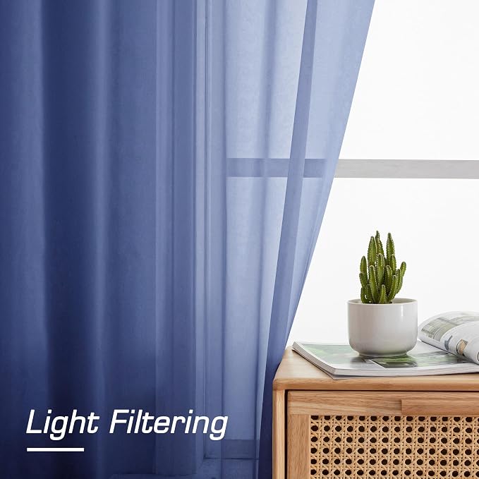 Sheer Curtains 54 Inch Length 2 Panels Set, Royal Blue Clear Sheer Short - Image 2